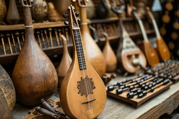 Melodious Authentic musical instruments collection. Musician melodic traditional performance instruments. Generate ai - obrazy, fototapety, plakaty