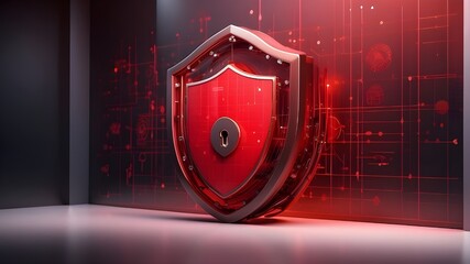 Red digital lock screen, cybersecurity shield, contemporary office space, and secure network concept
