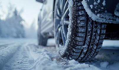 Professional close-up photo of a cars winter wheels in heavy deep snow road - obrazy, fototapety, plakaty