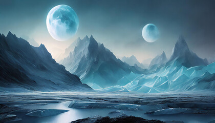 Surreal landscape with icy mountains, two moons, and a frozen lake under a mystical sky. Generative Ai - 783703522