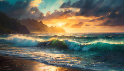 Dramatic seascape with waves, cliffs, and a sunset through stormy clouds. Generative Ai - 783703530