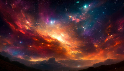 Vibrant galaxy unfolds above a serene, misty landscape, stars and nebulae painting the sky with radiant hues - 783703537