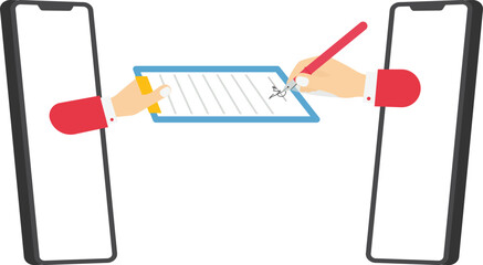 Virtual deal with distant agreement. Businessmen signing contract through phone. Online communication and business meeting, video call. Remote conclusion of the transaction.

