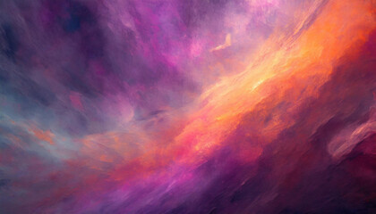 Vibrant mix of purple, orange, and yellow hues create an abstract, cloud-like painting