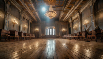Opulent hall with wooden floors, ornate ceilings, and rows of chairs illuminated by warm, inviting light - obrazy, fototapety, plakaty