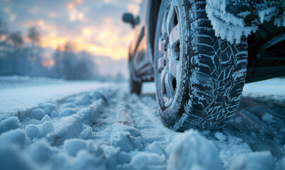Professional close-up photo of a cars winter wheels in heavy deep snow road