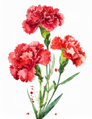 Watercolor artwork showcasing red carnations with green foliage against a stark white backdrop - 783703565