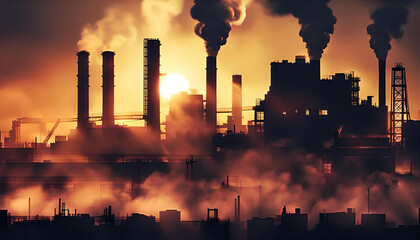 Industrial sunset scene with silhouetted structures and smoke, highlighting environmental impact - 783703571