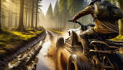 A person on an ATV is riding through a muddy trail in a forest, splashing mud - 783703582