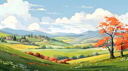 Ingelijste posters Beautiful summer landscape in flat style. Fields, green hills, blue sky with clouds © Mariana