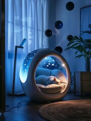 Climatecontrolled sleeping pod for pets, soft glow, ergonomic design, tranquil pet oasis , dreamlike scene