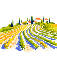 Painted watercolor vineyard landscape transparent PNG.