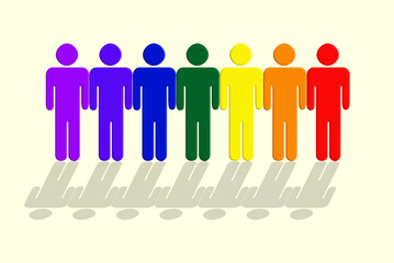 Icon, color and group of men with diversity, affirmative action and solidarity in LGBT community. Rainbow, emoji and paper chain of gay people with support, inclusion or pride in social development