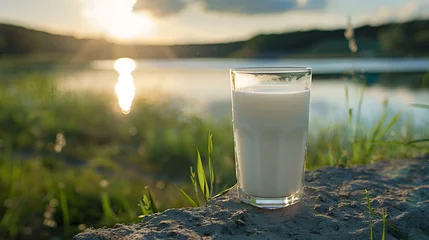 Selbstklebende Fototapeten A glass of cows milk on a wooden board against the background of a field and sunrise ,Glass of milk on a meadow with daisies at sunset ,fresh milk in a glass on a dark oak table, and a blurry scenery  © Shanza