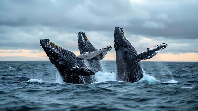 A Pod of Humpback Whales Breaching the Surface