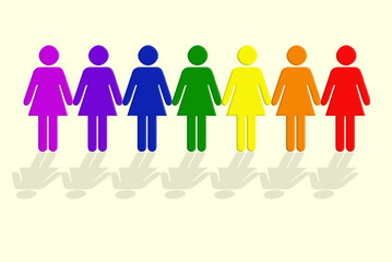 Icon, color and group of women with diversity, affirmative action and solidarity in LGBT community. Rainbow, emoji and paper chain of gay people with support, inclusion or pride in social development