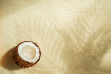 Broken coconut and shadow from palm leaves on the sand.