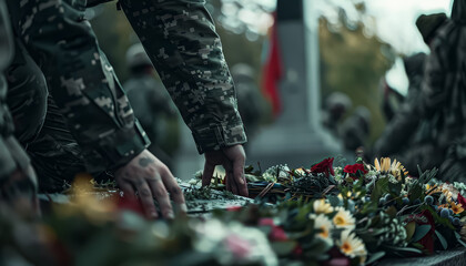 A man in a military uniform is kneeling down to place flowers on a grave