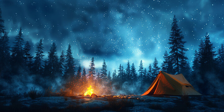 A image of a tent pitched in a wilderness campsite, with a campfire glowing and a star-filled sky overhead