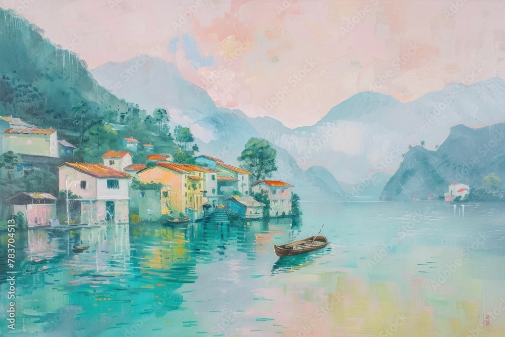 Wall mural Beautiful scenic painting of a small boat on the water in front of a quaint town with majestic mountains in the background