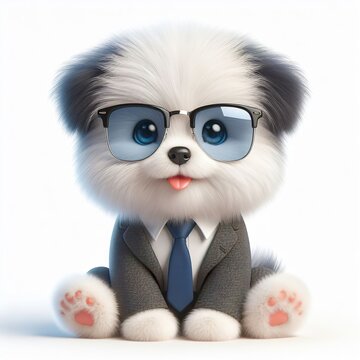 of a cute puppy wearing suit and cool fashion eyeglasses , funny, happy, smile, white background