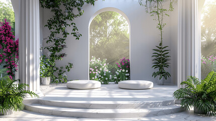 White pieces of stone slabs forming a product podium for product display. Mock-up for exhibitions or presentation of cosmetic products or packaging. 3d rendering, Generative AI.