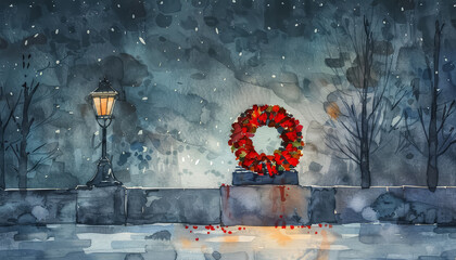 A candle is lit on a table next to a wreath