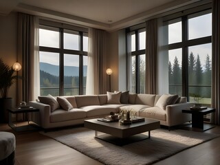 stunningly luxurious living room, exuding glamour and elegance, cozy ambiance and exquisite decor, large windows offer a beautiful outlook, generated ai