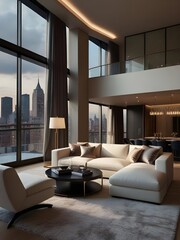 stunningly luxurious living room, exuding glamour and elegance, cozy ambiance and exquisite decor, large windows offer a beautiful city outlook, generated ai
