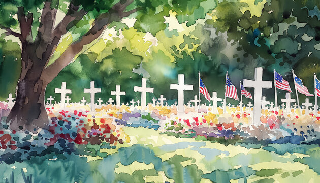 A painting of a cemetery with many crosses and American flags