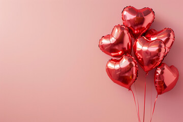 Bunch of bright red heart shaped   balloons on pink   background and copy space for text. Celebration background concept, love symbol. AI Generated. 