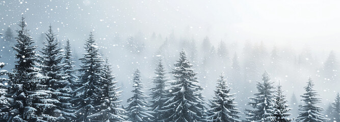 Serene winter landscape with snow-covered trees falling snowflakes. Panoramic nature background