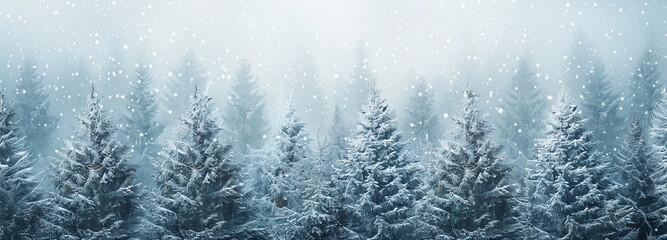 Serene winter forest landscape with falling snowflakes. Panoramic nature background
