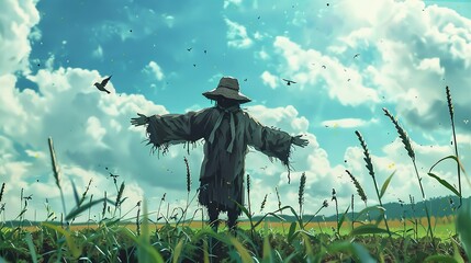 A   scarecrow in the field, protecting crop - obrazy, fototapety, plakaty