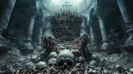 A macabre throne made from the bones of defeated foes, looming ominously in a dimly lit room. - obrazy, fototapety, plakaty