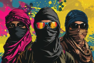 A group of three individuals, donning headscarves and bandanas, are present at a public gathering. Their attire suggests they may have affiliations with certain movements or beliefs - obrazy, fototapety, plakaty