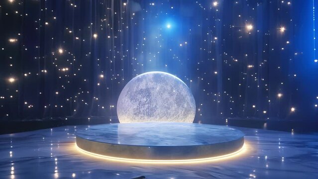 A celestial fantasy comes to life on this podium with a backdrop of shimmering stars and a glowing marble base. As if pulled from . AI generation.
