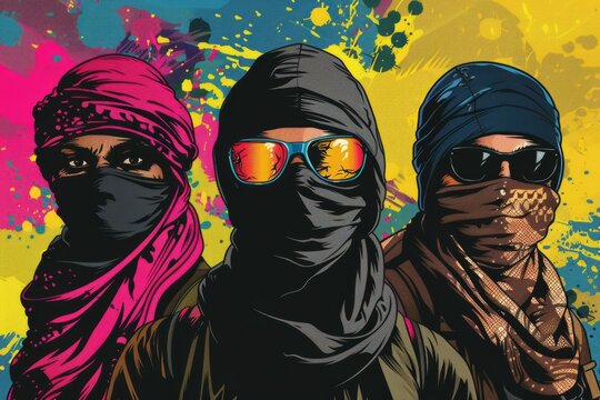 A group of three individuals, donning headscarves and bandanas, are present at a public gathering. Their attire suggests they may have affiliations with certain movements or beliefs