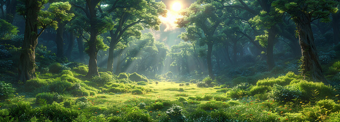 Serene summer forest landscape sunlight  shadows. Background panoramic nature