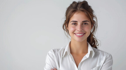 Confident and successful female businesswoman in casual attire smiling against a white background.