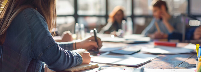 Focused students classroom setting working on creative project. Education school background