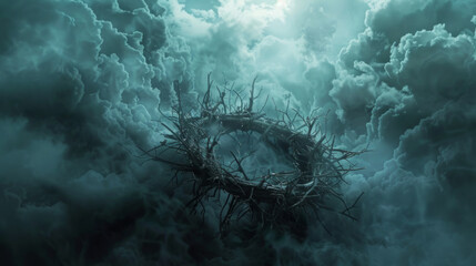 The Gothic visual of 'Crown of Thorns' invokes a sense of mystique and darkness, with the crown set against a backdrop of foreboding clouds. - obrazy, fototapety, plakaty
