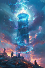 Illustration of mages performing magic atop tower, mystical energies swirling around them. - obrazy, fototapety, plakaty