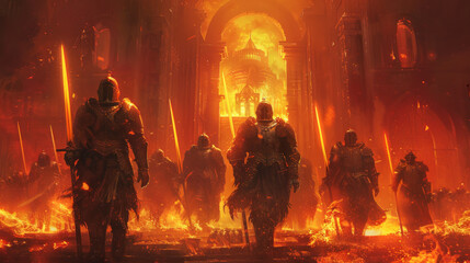 Fototapeta na wymiar Illustration of armored warriors with flaming swords guarding a sacred temple in a fantasy setting.