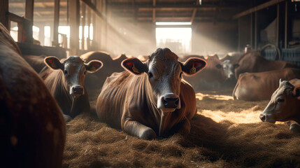 Beef cattle farming and large group of cows - obrazy, fototapety, plakaty
