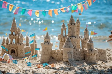 Castle in sand, flag and umbrella close-up on sea.. Beautiful simple AI generated image in 4K, unique. - obrazy, fototapety, plakaty