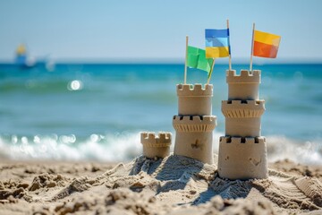 Close-up of sand castles on the beach in Dubai, partially out of focus. Beautiful simple AI generated image in 4K, unique. - obrazy, fototapety, plakaty