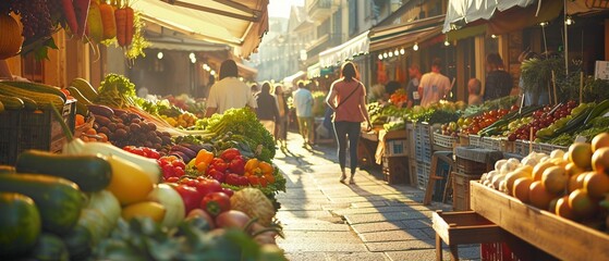 A bustling farmers market scene with shoppers exploring stalls brimming with fresh fruits and vegetables during golden hour. - obrazy, fototapety, plakaty