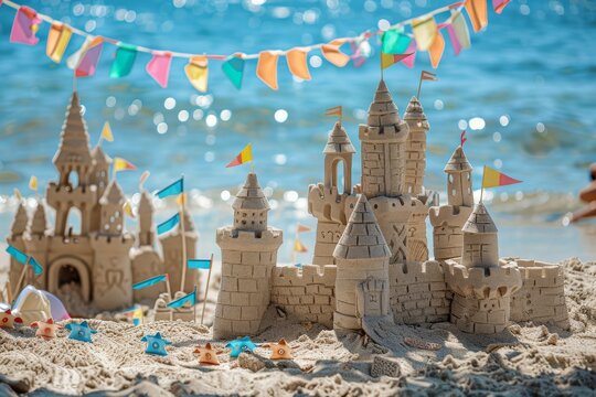 Castle in sand, flag and umbrella close-up on sea.. Beautiful simple AI generated image in 4K, unique.