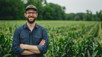 Portrait confident male agronomist  arms crossed cornfield. Professional crops farmer. Copy space